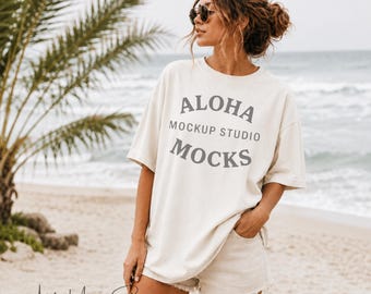 Comfort Colors 1717 Ivory Tee Mockup: Coastal Beach Setting (Digital Download)