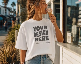 White Comfort Colors 1717 Mockup: Coastal Ice Cream Shop Setting (Instant Download)