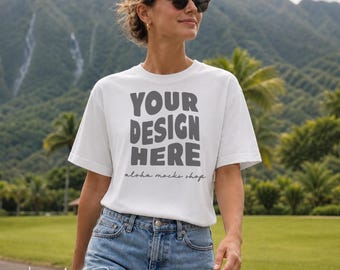White Comfort Colors 1717 Mockup: Coastal Hawaiian Mountain Setting (Instant Download)