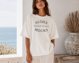 Comfort Colors 1717 White Tee Mockup: Upscale Coastal Beach Setting (Digital Download)
