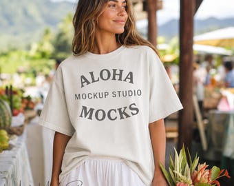 Ivory Comfort Colors 1717 Mockup: Hawaii Open Air Market Setting (Instant Download)
