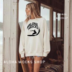 Ivory Comfort Colors 1466 Sweatshirt Mockup: Beach House Surf Setting (Digital Download) image 2
