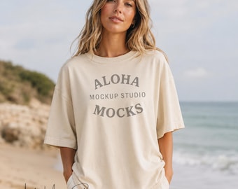 Comfort Colors 1717 Ivory Tee Mockup: Minimal Coastal Beach Setting (Digital Download)