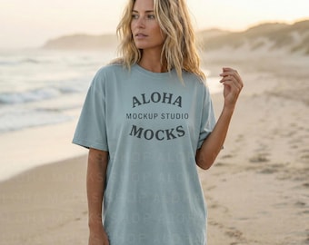 Bay Comfort Colors 1717 Mockup: Beach Lifestyle Setting (Instant Download)