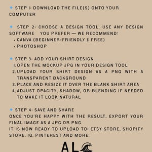 May include: Tan graphic with the text "HOW TO USE" and instructions for using a design tool. The steps include downloading files, choosing design software, adding a shirt design, and saving the final image.