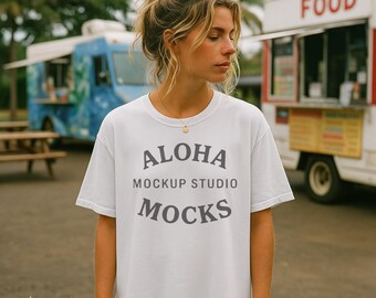 Maqueta de camiseta blanca Comfort Colors 1717: Escena de camiseta de estilo de vida con IA para marcas de ropa de playa y surf.