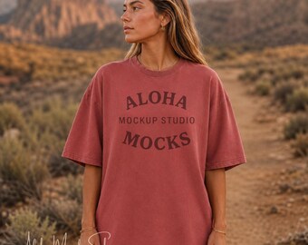 Crimson Comfort Colors 1717 Mockup: Desert Hiking Lifestyle Setting (Instant Download)