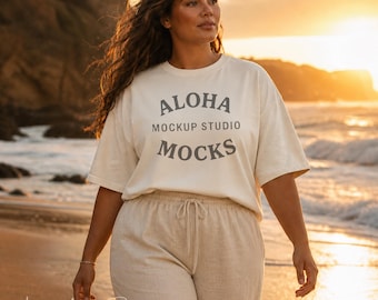 Plus Size Model Comfort Colors 1717 Ivory Tee Mockup: Sunset Beach Setting (Digital Download)