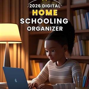 Peut inclure: Illustration numérique d'une personne travaillant sur un ordinateur portable à un bureau. L'écran de l'ordinateur portable est visible. Le texte "2026 DIGITAL HOME SCHOOLING ORGANIZER" est affiché. Une lampe et une bibliothèque sont en arrière-plan.