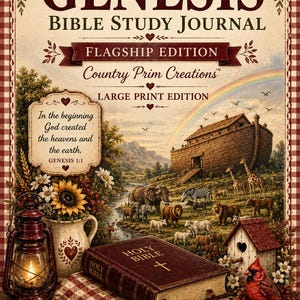 May include: A Genesis Bible Study Journal with a red and white checkered border. The cover features a depiction of Noah's Ark, animals, a rainbow, a lantern, a Holy Bible, and a cardinal. Text includes: Genesis Bible Study Journal, Flagship Edition, Country Prim Creations, Large Print Edition, In the beginning God created the heavens and the earth. Genesis 1:1, A comprehensive study of the first book of the Bible, Study, Reflect, Pray, Apply.