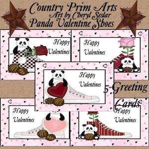 Zapatos de San Valentín con diseño de panda (5 tarjetas de felicitación de Country Prim Arts)
