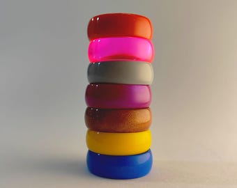 Epoxy Resin Ring Set (7 pcs), Sunset Colors, Mix & Match, Glossy Bands 6–7mm, Handmade Jewelry, Gift for Her
