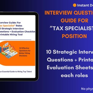 May include: A digital download product displayed on a tablet. The screen shows an interview guide for tax specialist roles, including questions and an evaluation checklist. The background is blue with orange text.