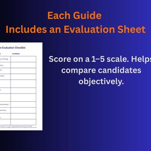 May include: A blue background with orange text that reads "Each Guide Includes an Evaluation Sheet." A white checklist is on the left. Text on the right says, "Score on a 1-5 scale. Helps compare candidates objectively."