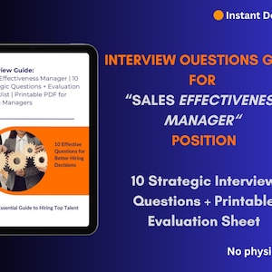 Pode incluir: Um guia de entrevista digital para uma posição de Gerente de Eficácia de Vendas, exibido em um tablet. O guia inclui 10 perguntas estratégicas de entrevista e uma folha de avaliação. O fundo é um gradiente de azul e laranja.