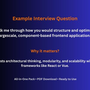 May include: A blue gradient background with white text. The text reads "Example Interview Question" and a question about structuring a frontend application. Below, "Why it matters?" and a description of architectural thinking.