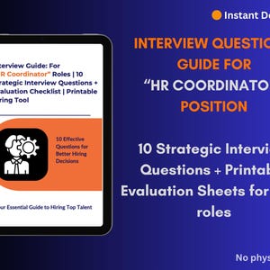 May include: Digital guide for HR Coordinator roles. The tablet displays the title "Interview Questions Guide" with 10 strategic interview questions and evaluation sheets. The guide includes a printable hiring tool and is available for instant download.
