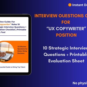 May include: Digital download for a "UX Copywriter" interview guide. The guide includes 10 strategic interview questions and an evaluation checklist. The image features a tablet with the guide's cover on a dark blue background.