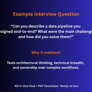 Peut inclure: Fond bleu d&eacute;grad&eacute; avec du texte blanc et orange. Le texte dit "Exemple de question d'entretien" et pose une question sur les pipelines de donn&eacute;es. En dessous, il est &eacute;crit "Pourquoi est-ce important ?" et explique l'importance.