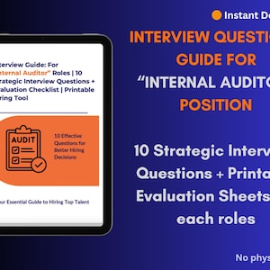 May include: Digital guide for "Internal Auditor" roles. The guide includes 10 strategic interview questions and printable evaluation sheets. The cover features an orange graphic with the word "AUDIT" and a checkmark. The background is blue.