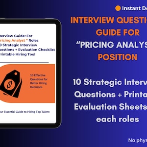 May include: A digital tablet displays an interview guide for "Pricing Analyst" roles. The guide includes 10 strategic interview questions and an evaluation checklist. The orange and black graphic features a price tag icon. The background is blue.