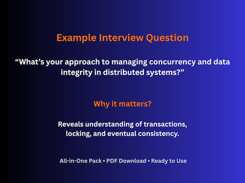 May include: A blue and black graphic with text. The text reads "Example Interview Question" and asks about managing concurrency and data integrity in distributed systems. It explains why it matters.