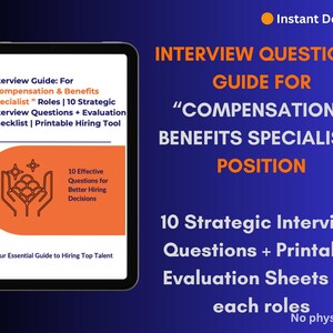 May include: A digital download product displayed on a tablet. The screen shows an orange and white graphic with text: "Interview Guide: For Compensation & Benefits Specialist Roles." The background is a gradient of blue and purple with text: "Interview Questions Guide for Compensation & Benefits Specialist Position."