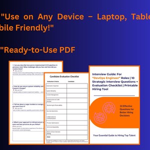 May include: A digital product with the text "Use on Any Device - Laptop, Tablet & Mobile Friendly!" and "Ready-to-Use PDF". Includes a candidate evaluation checklist and an interview guide for DevOps engineers.