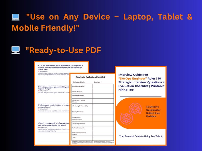 May include: A digital product with the text "Use on Any Device - Laptop, Tablet & Mobile Friendly!" and "Ready-to-Use PDF". Includes a candidate evaluation checklist and an interview guide for DevOps engineers.