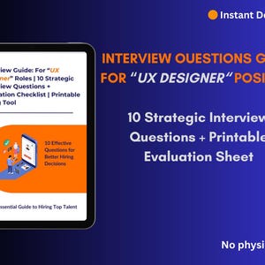 Könnte beinhalten: Digitaler Leitfaden für "UX Designer"-Rollen. Das Bild zeigt ein Tablet mit einem Interview-Leitfaden mit 10 strategischen Interviewfragen und einer Bewertungs-Checkliste. Der Leitfaden dient zur Einstellung von Top-Talenten. Der Hintergrund ist blau.