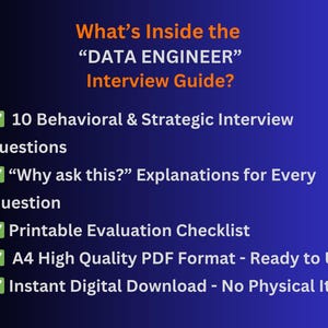 Peut inclure: Un guide d'entretien num&eacute;rique "DATA ENGINEER" avec du texte orange sur fond bleu. Le guide comprend 10 questions d'entretien, des explications, une liste de contr&ocirc;le, format PDF A4 et t&eacute;l&eacute;chargement instantan&eacute;.