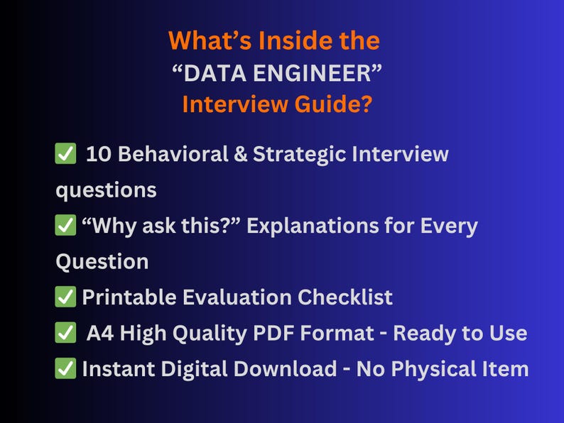 Peut inclure: Un guide d'entretien num&eacute;rique "DATA ENGINEER" avec du texte orange sur fond bleu. Le guide comprend 10 questions d'entretien, des explications, une liste de contr&ocirc;le, format PDF A4 et t&eacute;l&eacute;chargement instantan&eacute;.