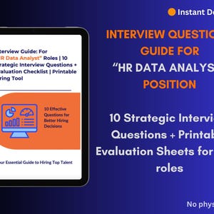 Pode incluir: Um guia digital em um tablet, intitulado "Guia de Perguntas de Entrevista para a Posição de Analista de Dados de RH". Inclui 10 perguntas de entrevista estratégicas e folhas de avaliação imprimíveis. Fundo azul.