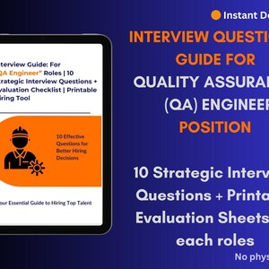 Può includere: Un tablet digitale mostra una guida al colloquio per i ruoli di ingegnere QA. La guida include 10 domande di colloquio strategiche e schede di valutazione. Il testo recita "La tua guida essenziale per assumere i migliori talenti".