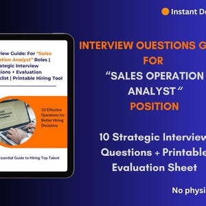 May include: Digital download of an interview guide for Sales Operation Analyst roles. The guide includes 10 strategic interview questions and an evaluation checklist. The image has text that says "Instant Download".