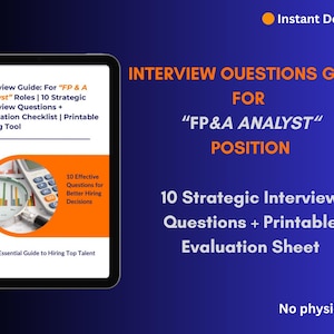 Puede incluir: Guía de entrevistas digital para roles de "Analista FP&A". La guía incluye 10 preguntas estratégicas de entrevista y una lista de verificación de evaluación. La imagen muestra una tableta con la portada de la guía, una calculadora y una lupa. El fondo es un degradado de azul.