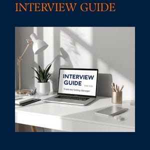 Pode incluir: Um laptop exibindo "Interview Guide" está em uma mesa branca, junto com uma planta em vaso, uma lâmpada e artigos de papelaria. A imagem está em um fundo azul escuro com o texto "Trade Marketing Manager Interview Guide" em laranja.