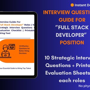 Pode incluir: Um guia digital para posições de "Full Stack Developer", exibido em um tablet. O guia inclui perguntas de entrevista, listas de verificação de avaliação e uma ferramenta de contratação. O texto laranja diz "Guia de perguntas de entrevista para a posição de Full Stack Developer."