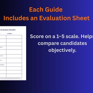 May include: A blue background with orange text that reads "Each Guide Includes an Evaluation Sheet." A white document titled "Candidate Evaluation Checklist" is on the left. Text on the right says "Score on a 1-5 scale. Helps compare candidates objectively."