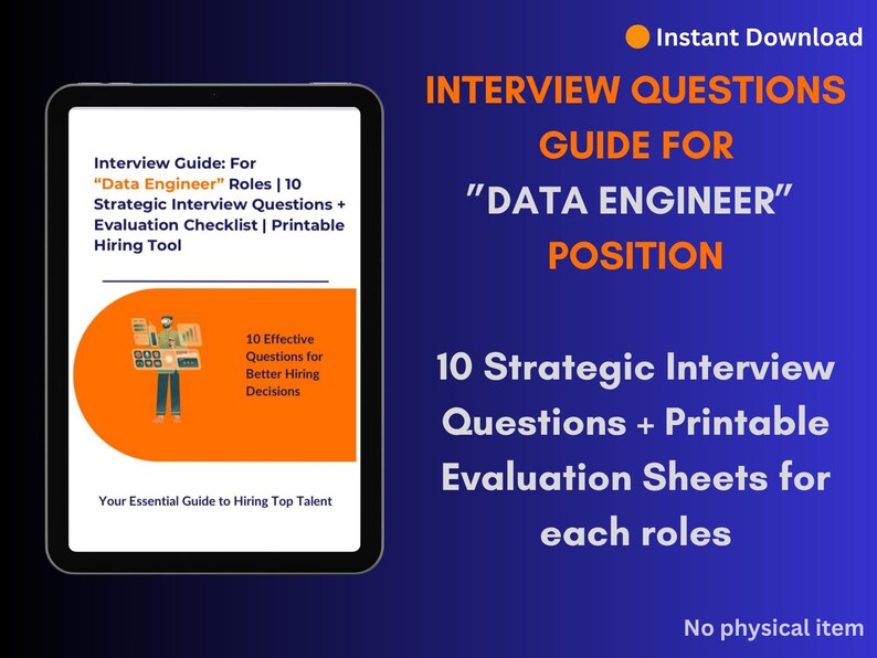 Peut inclure: Un guide num&eacute;rique pour les postes d'&laquo; Ing&eacute;nieur de donn&eacute;es &raquo;, affich&eacute; sur une tablette. Le guide comprend des questions d'entretien, des feuilles d'&eacute;valuation et un outil de recrutement. Le fond est un d&eacute;grad&eacute; de bleu.