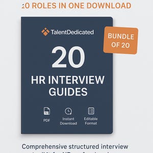 May include: A navy blue ebook cover with the text "20 HR INTERVIEW GUIDES" and the TalentDedicated logo. An orange banner reads "BUNDLE OF 20". Icons indicate PDF, instant download, and editable format. The top banner says "20 ROLES IN ONE DOWNLOAD".