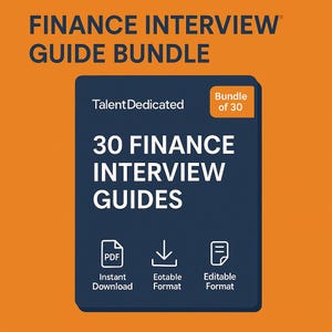 May include: An orange and navy blue graphic promoting a "Finance Interview Guide Bundle." The bundle includes 30 finance interview guides, with options for instant download, editable format, and eotable format. The text "Talent Dedicated" is also visible.