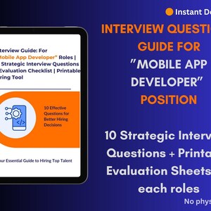 Pode incluir: Um guia digital para funções de "Desenvolvedor de Aplicativos Móveis", exibido em um tablet. O guia inclui perguntas de entrevista, uma lista de verificação de avaliação e ferramentas de contratação. Download instantâneo.