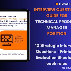 May include: A digital guide for Technical Product Manager roles, displayed on a tablet. The guide includes interview questions and evaluation checklists. Text on the image reads "Interview Questions Guide" and "Instant Download."