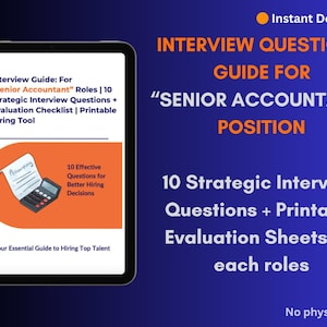 Pode incluir: Download digital de um guia de entrevistas para posições de Contador Sênior. O guia inclui 10 perguntas estratégicas de entrevista e folhas de avaliação. A imagem mostra um tablet com o título do guia e uma ilustração de calculadora.