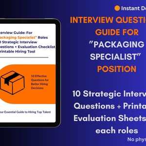 May include: A digital guide for "Packaging Specialist" roles, displayed on a tablet. The guide includes interview questions, evaluation checklists, and a printable hiring tool. The orange text reads "Interview Questions Guide for Packaging Specialist Position."