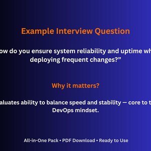 May include: A blue gradient background with white text. The text reads "Example Interview Question" in orange, followed by a question about system reliability. Below, "Why it matters?" is in orange, with an explanation of the DevOps mindset.