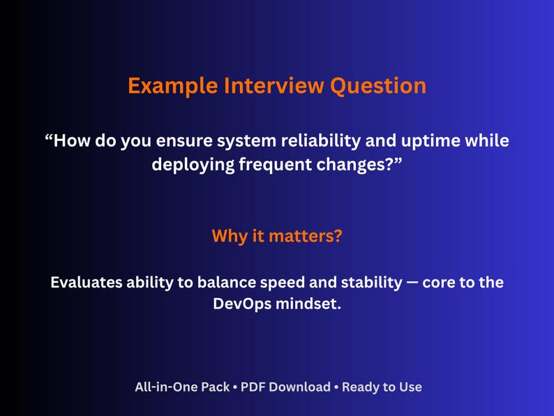 May include: A blue gradient background with white text. The text reads "Example Interview Question" in orange, followed by a question about system reliability. Below, "Why it matters?" is in orange, with an explanation of the DevOps mindset.