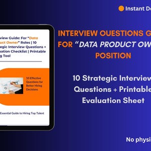 Könnte beinhalten: Digitaler Download für einen Interview-Leitfaden für "Data Product Owner". Das Bild zeigt ein Tablet mit dem Cover des Leitfadens, mit Text wie "10 strategische Interviewfragen" und "Druckbare Bewertungsbogen". Der Hintergrund ist blau.
