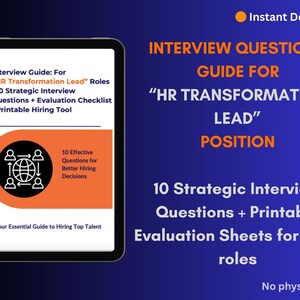 May include: Digital guide for "HR Transformation Lead" roles. The tablet displays the guide's title, "Interview Questions Guide", and key features: 10 strategic interview questions and evaluation sheets. The background is a gradient of blue.